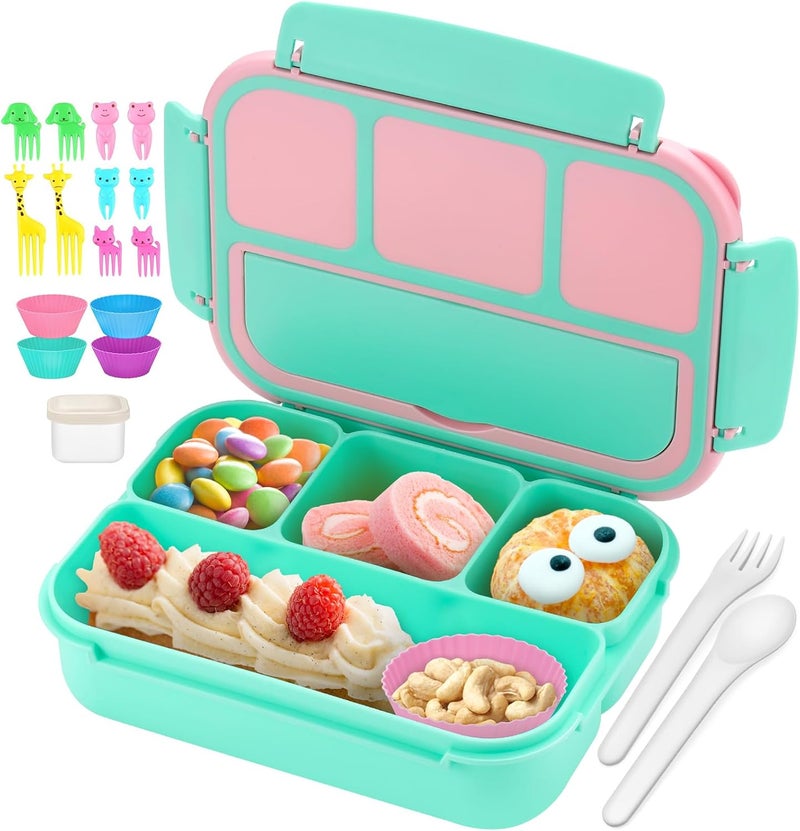 QQKO Bento Box for Kids Adults, School Toddler Lunch Box for Boys Girls, Lunch Box Containers with 4 Compartments, Sauce Container, Utensils, Food Picks and Muffin Cups for School, Pink Green - Image 1